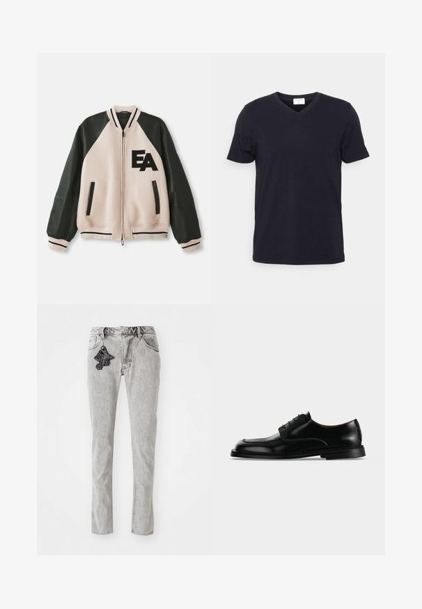 Beige og sort varsityjakke med læderærmer, frontlynlås, to lodrette lommer og "EA" logo på venstre bryst.; Sort v-hals t-shirt lavet af bomuld, med korte ærmer og en afslappet pasform. Enkel design, uden mønstre eller yderligere accenter.; Lys grå lige ben denim jeans med lynlås, fem lommer og en dekorativ sort nøglering som accent foran.; Sort blankt læder snøresko med tyk detaljeret sål, vist fra højre side mod en ensartet lys baggrund.