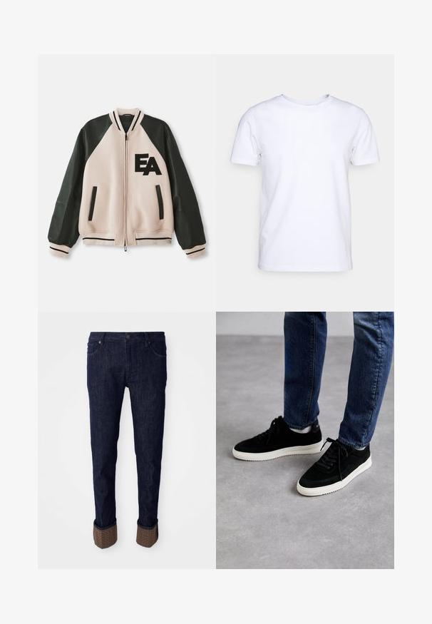 Beige og sort varsityjakke med læderærmer, frontlynlås, to lodrette lommer og "EA" logo på venstre bryst.; Hvid kortærmet t-shirt i bomuldsstof med rund halsudskæring. Enkel design uden mønstre eller detaljer. Glat tekstur.; Mørkeblå denim jeans med lige pasform, forsynet med opuldet nederdel i et struktureret brunt materiale med et logo- mønster. Standard fem-lomme design.; Sorte ruskind sneakers med en hvid gummisål, der har et klassisk low-top design, rundt tå og flade sorte snørebånd.