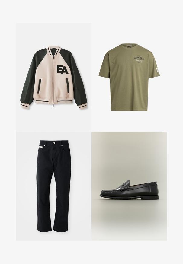 Beige und schwarze Collegejacke mit Lederärmeln, Frontreißverschluss, zwei vertikalen Taschen und "EA"-Logo auf der linken Brust.; Olivegrünes Baumwoll-T-Shirt mit lockerer Passform, Rundhalsausschnitt und kurzen Ärmeln. Verfügt über einen Drucktext und ein kleines Etikett am Ärmel.; Schwarze Baumwollhosen mit geradem Bein, fünf Taschen, silbernen Akzenten und einer subtilen strukturierten Oberfläche.; Schwarzer Herren-Loafer aus Leder mit Mokassin-Zehennaht, Penny-Riemen und flachem Absatz vor neutralem Hintergrund.