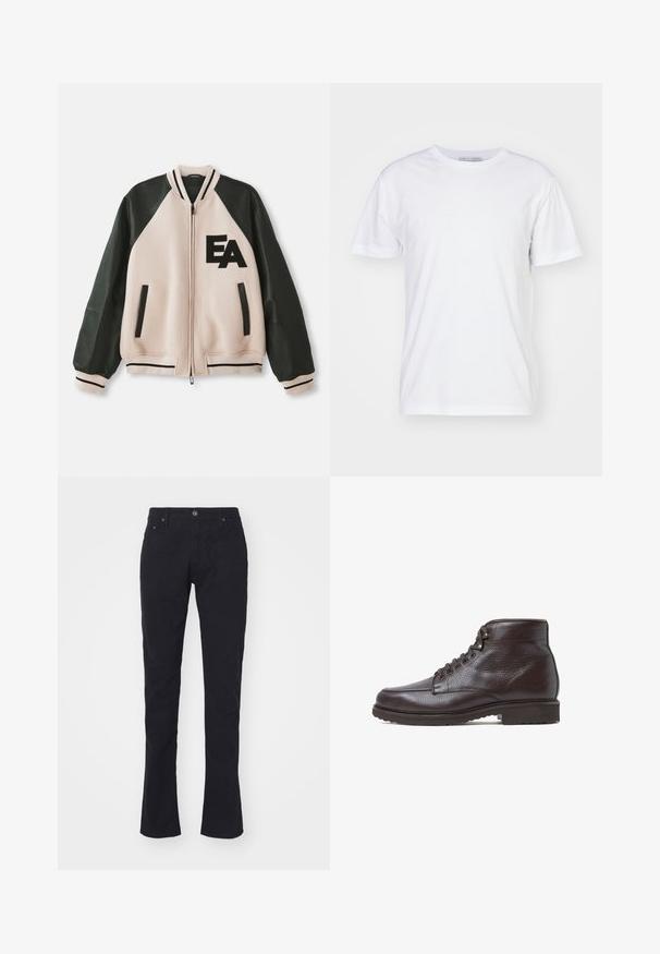 Beige og sort varsityjakke med læderærmer, frontlynlås, to lodrette lommer og "EA" logo på venstre bryst.; Hvid bomulds t-shirt med rund halsudskæring, korte ærmer og lige snit. Ingen mønstre eller udsmykninger, glat tekstur og enkel design.; Sorte bomuldsbukser med lige pasform, der har knaplukning, to forlommer og en glat overflade. Ingen mønstre eller detaljer.; Brun læderankelstøvle med rund tå, snørelukning foran med metaløjer, tekstureret overflade og robust sål for godt greb.