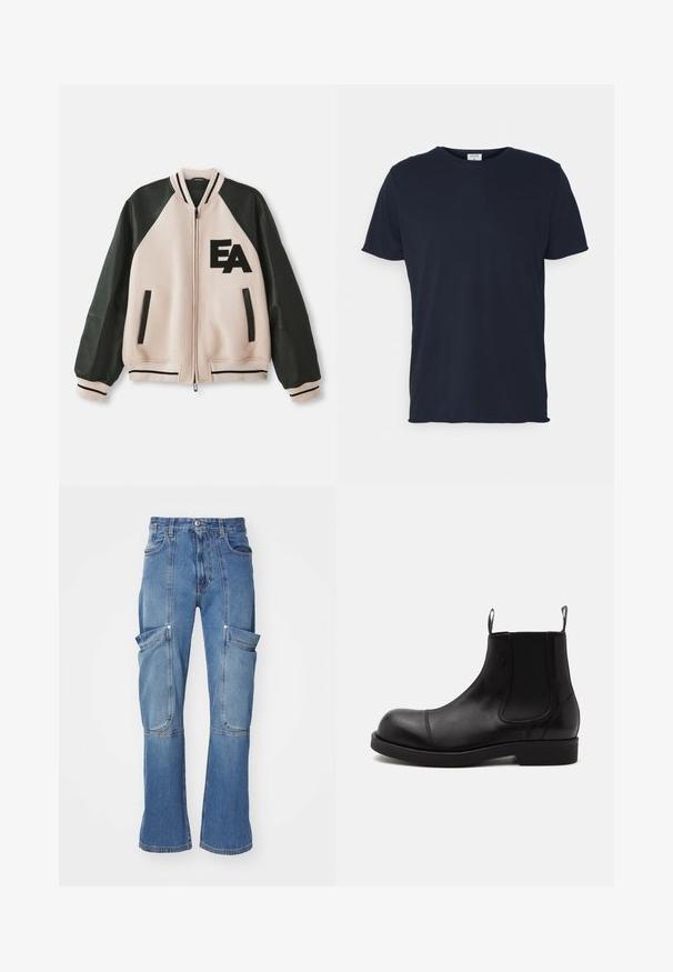Beige en zwarte varsityjack met leren mouwen, voorzijde met rits, twee verticale zakken en 'EA' logo op de linkerkant van de borst.; Navyblauwe katoenen t-shirt met ronde hals en korte mouwen, met een gladde textuur en eenvoudig ontwerp, zonder zichtbare patronen of accenten.; Lichte blauwe denim cargobroek met een hoge taille, meerdere zijzakken en wijde pijpen, met contrasterende stiksels en een ritssluiting.; Zwarte leren Chelsea-boot met afgeronde neus, elastische zijpanelen, aantreklussen voor en achter, platte zool, van opzij getoond op witte achtergrond.