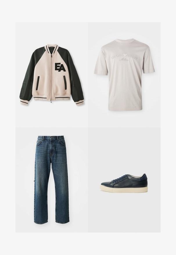 Beige und schwarze Collegejacke mit Lederärmeln, Frontreißverschluss, zwei vertikalen Taschen und "EA"-Logo auf der linken Brust.; Helles beige T-Shirt mit kurzen Ärmeln aus weichem Stoff, mit besticktem Logo "Emporio Armani Milano" in einem etwas dunkleren Farbton.; NN.07 OTIS - Jeans Straight Leg - stonewashed; Dunkelblaues Leder-Sneaker mit cremefarbener Gummisohle, ausgestattet mit blauen Schnürsenkeln und einer glatten Textur. Abgerundete Zehenpartie und minimalistisches Design.