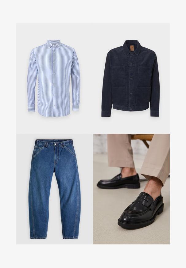 Marineblå kordfløjlsjakke med krave, knaplukning og to forlommer. Tekstureret stof, lige snit, minimalistiske designdetaljer.; Blå og hvid stribet button-up skjorte med krave, lange ærmer og lige kant. Blødt stof og klassisk pasform.; Blå denimjeans med afslappet pasform, med knaplukning, fem lommer og kontrasterende orange syninger. Glat tekstur over det hele.; Sorte lædermokkasiner med en glat overflade, der har en dekorativ rem og kontraststing, parret med beige bukser.