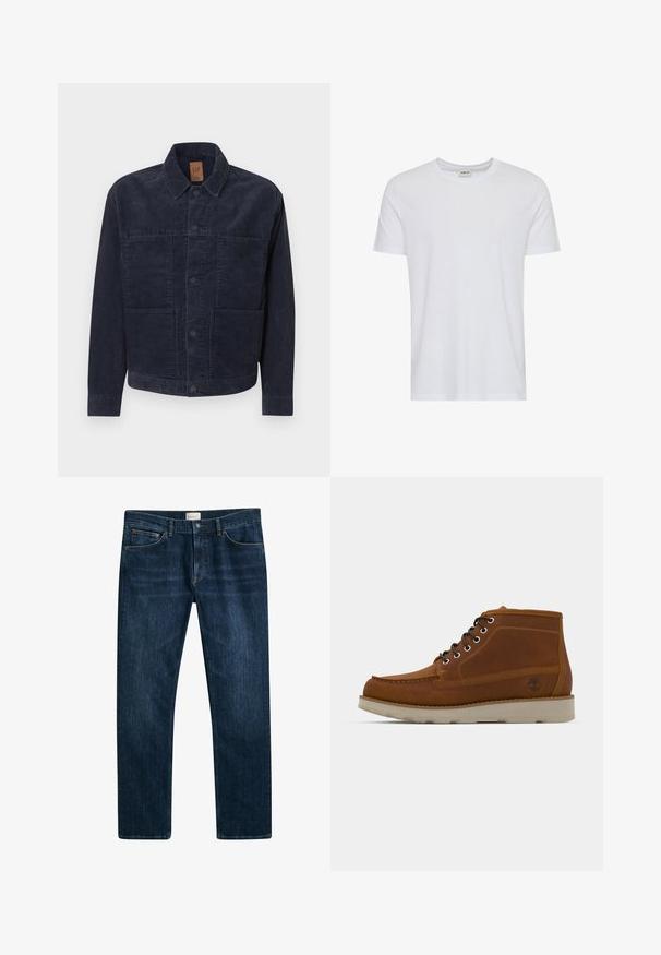 Marineblå kordfløjlsjakke med krave, knaplukning og to forlommer. Tekstureret stof, lige snit, minimalistiske designdetaljer.; Plain hvid kortærmet t-shirt med rund hals, vist på en hvid baggrund, med et lille nakke-label, der viser mærket “Solid”.; Mørkeblå denim jeans med lige ben, knap- og lynlåslukning samt forlommer. Glat tekstur og minimal falmning.; Brune læder støvler i mid-cut med rund tå, sorte snørebånd og en tekstureret overflade. Har en lys farvet sål og trælogo detalje.