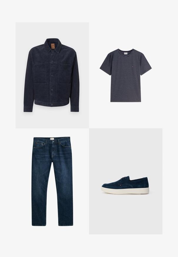 Marineblå kordfløjlsjakke med krave, knaplukning og to forlommer. Tekstureret stof, lige snit, minimalistiske designdetaljer.; Marineblå t-shirt med korte ærmer med tynde hvide vandrette striber og et lille rødt og hvidt rektangulært logo på venstre bryst.; Mørkeblå denim jeans med lige ben, knap- og lynlåslukning samt forlommer. Glat tekstur og minimal falmning.; Mørkeblå fløjlsko med lav profil, rund tå og hvid gummisål. Har grå snørebånd og et lille logo-detalje på siden.