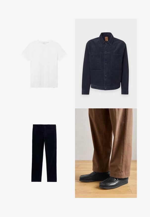 Marineblaue Cordjacke aus Cord mit Kragen, Knopfverschluss und zwei Fronttaschen. Strukturierter Stoff, gerade geschnitten, minimalistische Designdetails.; Weißes Baumwoll-T-Shirt mit Rundhalsausschnitt, kurzen Ärmeln und einem dezenten Logo auf der Brust. Glatte Textur und normale Passform.; Navyfarbene Cordhosen mit geradem Bein, ausgestattet mit Fronttaschen und einem Knopfverschluss. Strukturierter Stoff mit sichtbaren Rippungen.; Schwarze Lederschuhe im Mokassinstil mit genähten Details, kombiniert mit braunen Hosen, auf einem Holzboden.