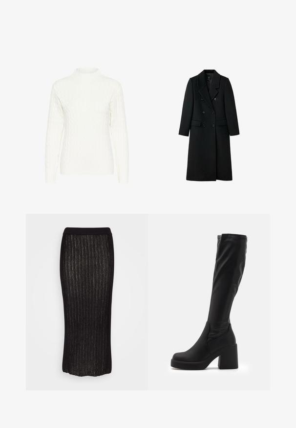 Sort, dobbeltradet uldfrakke med skræddersyet design, smalle klapper, to forlommer og knaplukninger, med en lige pasform.; Hvid kabelstrikket sweater med høj hals, lange ærmer og struktureret mønster. Stoffet ser blødt og let strækbart ud.; Weekday ADA LONG SKIRT - Pencil skirt - black; Sorte knæhøje støvler lavet af glat syntetisk materiale, med en tyk blokhæl og strømlinet design med elastisk top.