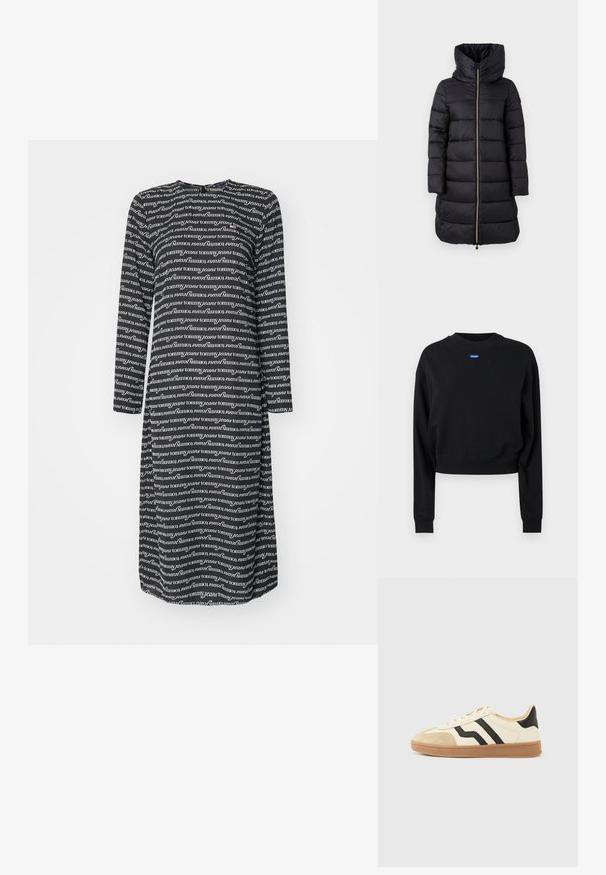 Sort polstret frakke med høj krave og fuldlængde lynlås. Har vandret quiltet mønster og lange ærmer.; Sort cropped sweatshirt med lange ærmer og ribbede manchetter; har et blåt rektangulært logo mærke på forsiden nær halsudskæringen.; Langærmet kjole i sort stof med et gentaget hvidt tekstmønster med "tommy/jeans." Rund halsudskæring og afslappet pasform.; Snørestøvler med en cremefarvet overdel med sorte striber og en ruskindsnæsetip, suppleret med en brun gummisål.