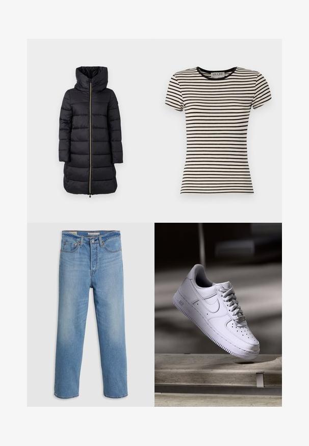 Sort polstret frakke med høj krave og fuldlængde lynlås. Har vandret quiltet mønster og lange ærmer.; Sort og creme-stribet kortærmet t-shirt med rund hals, lavet af blødt stof. Lige snit med en pæn finish. AWARE branding synligt.; Lysblå lige ben denimbukser med forlommer, bæltestropper og en knaplukning på en ensfarvet baggrund.; Hvid Nike Air Force 1 sneaker svævende over en betonoverflade med skygger i et minimalistisk miljø.