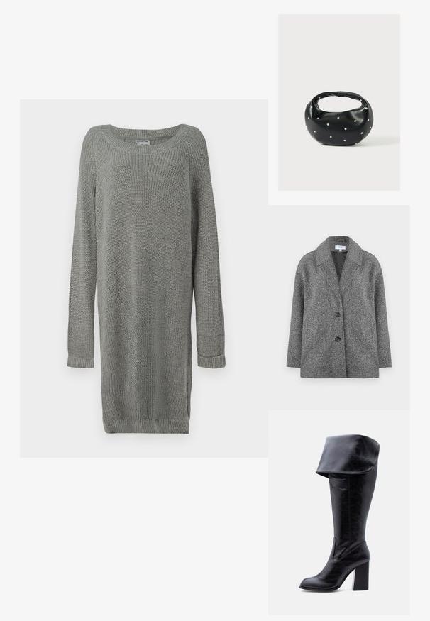 Grå, struktureret blazerjakke med tekstur, der har en spids krave, to knapper og lange ærmer. Stoffet har en blød finish og en fast form.; Grå strikket sweaterkjole med lange ærmer, ribbede manchetter, rund halsudskæring og sideslidser for nem bevægelse. Tekstureret stof.; Høj sort læderstøvle med hæl, foldet kant og rund tå, stående oprejst på en hvid baggrund.; Sort læderhåndtaske med en rundet form, dekoreret med sølvnitter, og et kort håndtag. Glat tekstur og lynlåslukning.