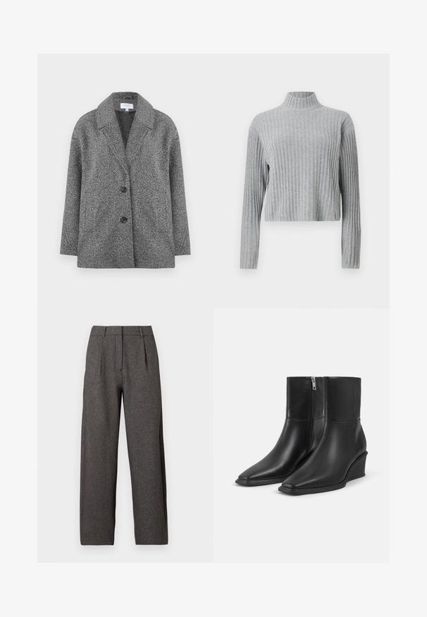 Grijze, gestructureerde blazer met een notch-kraag, twee knopen en lange mouwen. De stof heeft een zachte afwerking en een gestructureerde vorm.; Grijze geribbelde coltrui met lange mouwen, cropped zoom, zachte textuur en een nauwsluitend ontwerp. Geen zichtbare hardware of patronen.; Donkergrijze hoge taille wijde pijpen broek met riemlussen, voorplooien en verborgen ritssluitingen aan de voorkant.; Een paar zwarte leren enkellaarsjes met puntige neuzen, sleehakken en zijritssluitingen op een effen lichte achtergrond.