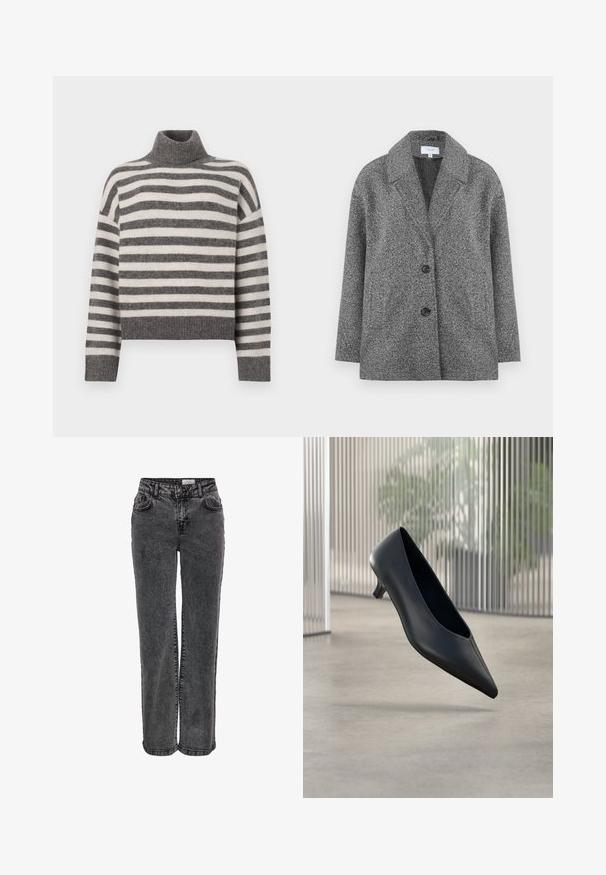 Grå, struktureret blazerjakke med tekstur, der har en spids krave, to knapper og lange ærmer. Stoffet har en blød finish og en fast form.; Stripet turtleneck sweater i grå og creme. Blødt materiale med en afslappet pasform, der har ribbede detaljer ved kraven og kanten.; Sorte denimjeans med lige ben, der har forlommer, bæltestropper og en subtil, falmet tekstur.; Sort spids tå kitten heel sko, der svæver over en glat betongulv med lodrette gennemsigtige paneler i baggrunden.