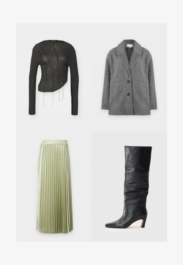 Veste blazer grise texturée avec un col cranté, deux boutons et des manches longues. Le tissu a une finition douce et une forme structurée.; Haut à manches longues cropped gris foncé en tissu léger, avec des coutures bien visibles et des fils flottants sur le devant.; Jupe midi plissée en satin vert clair avec une texture lisse. Taille ajustée, longueur mi-mollet, avec des plis verticaux réguliers sur toute la surface.; Botte en cuir noir mi-mollet à talon avec une tige légèrement affaissée et un bout pointu sur un fond clair.