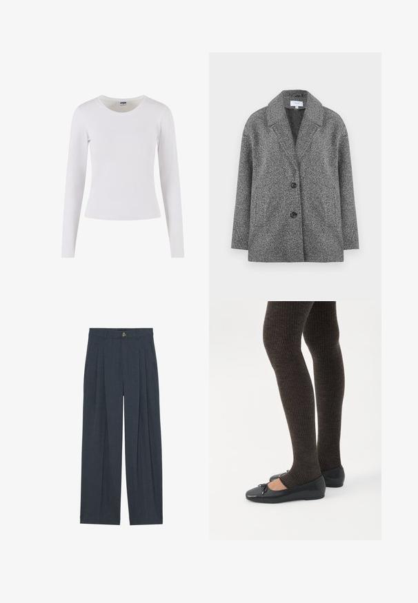 Veste blazer grise texturée avec un col cranté, deux boutons et des manches longues. Le tissu a une finition douce et une forme structurée.; T-shirt blanc à manches longues en coton doux, avec un col rond et une silhouette ajustée, sans motifs ni accents.; Pantalons larges en tissu texturé gris foncé, avec des plis avant, une fermeture à bouton et des poches latérales pour plus de fonctionnalité.; Jambes portant des leggings côtelés foncés associés à des ballerines noires avec de petits détails en nœud sur fond blanc.