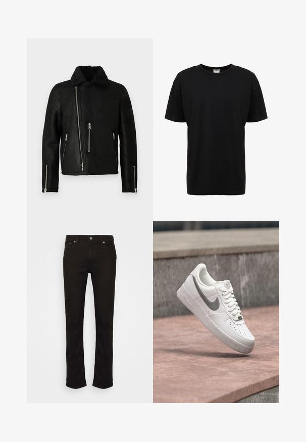 Zwarte leren motorjack met asymmetrische voorrits, drie ritszakken, ritsen op de mouwmanchetten en een zachte fleece kraag.; Zwart katoenen T-shirt met ronde hals, korte mouwen, standaard pasvorm, soepele textuur en geen zichtbare patronen of accenten.; Zwarte spijkerbroek van denim met een rechte pijp, voorzien van een klassiek vijf-pocket ontwerp, metalen knoopsluiting en subtiele stikdetails.; Witte Nike Air Force 1 sneaker met grijs swoosh-logo zwevend boven een stenen oppervlak en een grijze stenen muur op de achtergrond.