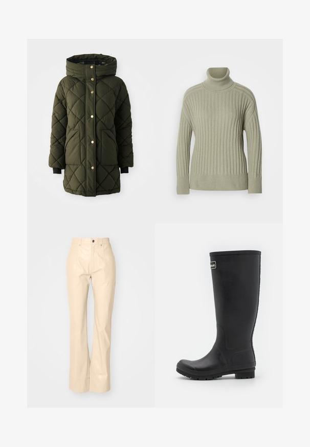 Olivgrüne gesteppte Pufferjacke mit Kapuze, goldenen Druckknöpfen, Seiten taschen und schwarzen Strickbündchen. Verfügt über einen geraden Schnitt.; Hellgrüner Rollkragenpullover aus geripptem Strickstoff. Dropped-Shoulder-Design, minimale Nahtdetails und lange Ärmel.; Beige Fake-Leder Schlaghosen mit glatter Textur, ausgestattet mit Vordertaschen, einem Knopfverschluss und einem dezenten, glänzenden Finish.; Schwarzer Gummiregenstiefel, hohes Design mit mattem Finish. Verfügt über eine dicke Sohle mit Rillen und einem Logo-Akzent an der Seite.