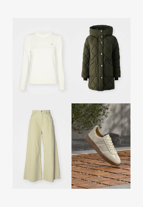Veste matelassée en olive avec capuche, boutons-pression dorés, poches latérales et poignets en tricot noir. Dispose d'une coupe droite.; Pull crème clair, texture tricotée, col rond, manches longues, poignets et ourlet côtelés. Détail logo discret sur la poitrine.; Pantalons en velours côtelé à jambes larges en vert clair, avec une taille haute, deux poches avant, une coupe ample et une texture ribbée verticale.; Baskets couleur crème avec une semelle extérieure en caoutchouc beige texturée, un design à lacets et un marquage subtil sur le côté. Tige en cuir lisse.
