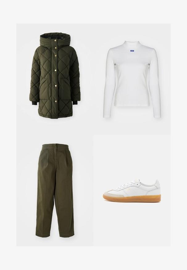 Veste matelassée en olive avec capuche, boutons-pression dorés, poches latérales et poignets en tricot noir. Dispose d'une coupe droite.; Haut à col roulé blanc à manches longues en tissu extensible, avec une coupe ajustée et un petit logo bleu sur la poitrine.; Pantalons larges vert olive, taille haute, avec des plis avant et des ourlets retroussés. Fabriqués en tissu léger avec une texture lisse.; Baskets en cuir blanc avec des accents en suédine beige, semelle en caoutchouc gomme et design à lacets. Présente un logo discret en doré.