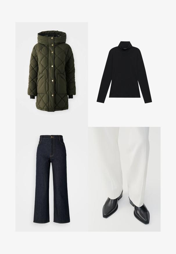 Olivgrüne gesteppte Pufferjacke mit Kapuze, goldenen Druckknöpfen, Seiten taschen und schwarzen Strickbündchen. Verfügt über einen geraden Schnitt.; Schwarzes langärmeliges Rollkragenshirt. Weicher Stoff, enganliegendes Design, hoher Kragen und seitliche Nähte. Schlichter und vielseitiger Stil, der sich gut für das Layering eignet.; Dunkelblaue, weit geschnittene Jeans mit hoher Taille, ausgestattet mit goldenen Nähten, einem vorderen Knopfverschluss und zwei Seitentaschen.; Schwarze spitz zulaufende Stiefeletten aus glattem Leder mit flachen Blockabsätzen, kombiniert mit weißen, weiten Hosen. Schlichtes und modernes Design.