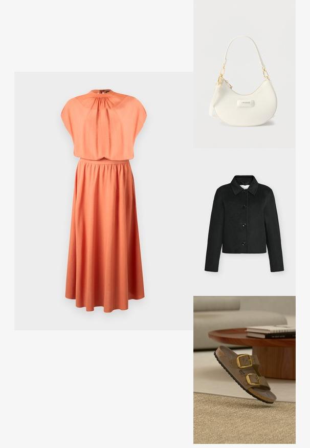 Veste courte noire en mélange de laine avec col et quatre boutons devant, manches longues et ourlet droit.; Robe corail orange sans manches avec un col montant froncé, une taille cintrée et une jupe mi-longue fluide sur un fond uni.; Sandale beige avec deux boucles dorées flottant au-dessus d'un tapis beige texturé, avec une table ronde en bois et des livres empilés en arrière-plan.; Sac d'épaule blanc en forme de croissant avec des pièces métalliques dorées, fermeture éclair, et logo "LACOSTE" sur le panneau avant.