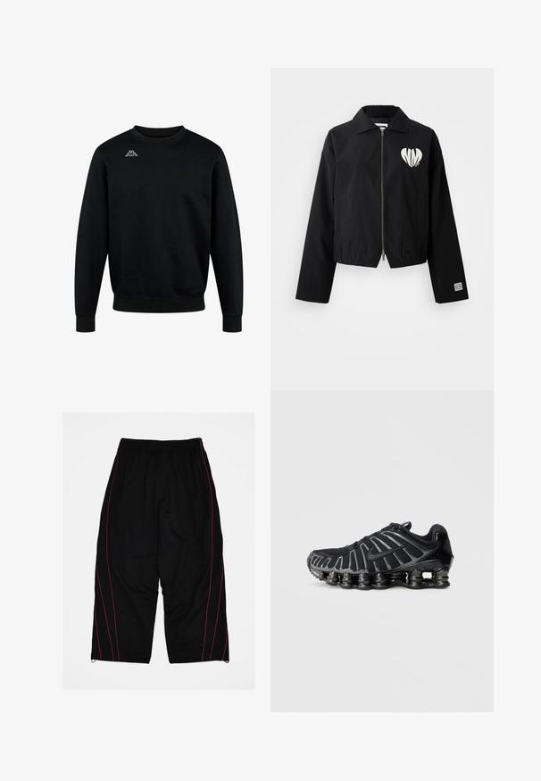 Veste noire courte avec un col, fermeture éclair sur le devant, poches latérales et un graphique en forme de cœur blanc. Tissu lisse avec élastique à l'ourlet et aux poignets.; Sweat-shirt noir à col rond, manches longues, avec un petit logo blanc Kappa sur le haut gauche de la poitrine.; Pantalon de sport noir avec une coupe ample, tissu en maille et bandes latérales roses contrastantes. Taille élastique avec cordon de serrage réglable.; Chaussure de sport noire avec une tige en mesh texturé et une semelle épaisse distinctive comportant des sections arrondies. Lacets et talon renforcé pour un meilleur maintien.