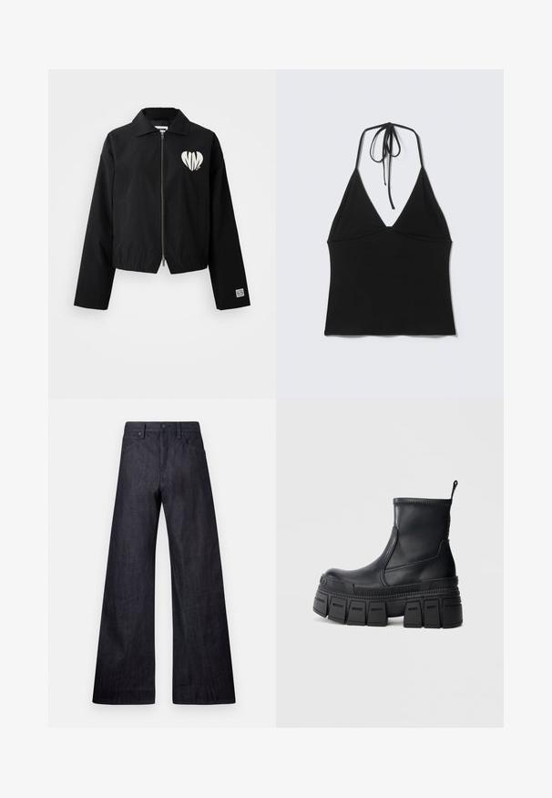 Veste noire courte avec un col, fermeture éclair sur le devant, poches latérales et un graphique en forme de cœur blanc. Tissu lisse avec élastique à l'ourlet et aux poignets.; Haut court noir sans manches avec col halter et fines bretelles nouées à l'arrière du cou sur un fond clair uni.; Jean en denim noir à jambe large présentant une texture lisse, un design traditionnel à cinq poches et un léger éclat, avec une fermeture à bouton.; Bottines noires en cuir lisse avec une semelle plateforme épaisse et crantée. Dotées d'une languette de tirage et de détails de couture le long de la tige.