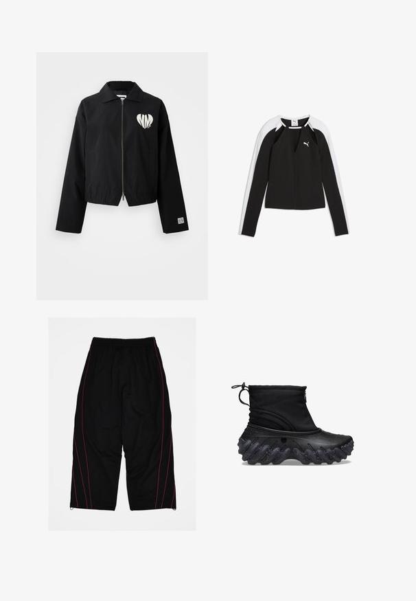Schwarze, kurz geschnittene Jacke mit einem Kragen, Reißverschluss vorne, Seitentaschen und einem weißen Herz-Grafik. Glattes Material mit Gummizug am Saum und an den Ärmeln.; Schwarzes Puma Langarmshirt mit weißen Schultern und Ärmeln, mit kleinem weißem Puma-Logo auf der Brust und V-förmigem Ausschnitt.; Schwarze Sporthose mit lockerem Schnitt, Mesh-Gewebe und kontrastierenden pinken Seitenstreifen. Elastischer Bund mit Kordelzug zur Anpassung.; Schwarze Knöchelboots mit einem weichen Textiloberteil und einer strukturierten, welligen Gummisohle. Mit einem Reißverschluss und einem verstellbaren Kordelzug für einen sicheren Sitz.