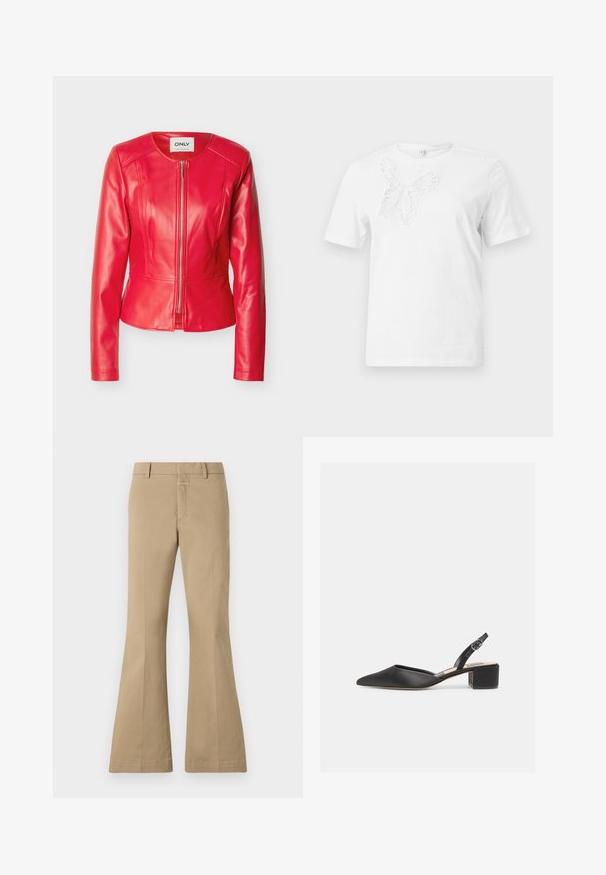 Rød jakke af kunstlæder med rund hals, lynlåslukning foran, lange ærmer og figursyet taljedetalje.; Hvid t-shirt med korte ærmer og et tekstureret, blonder-lignende sommerfuglemotiv på øverste venstre bryst.; CLOSED FELISE - Bukser - urban beige; Sort spids tå slingback-sko med lav blokhæl og justerbar rem med spænde på hvid baggrund.