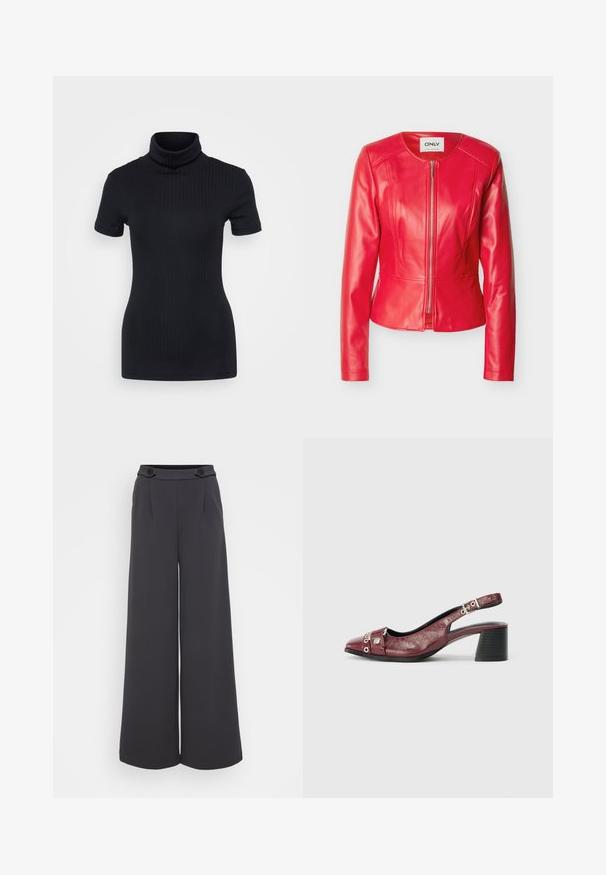 Rød jakke af kunstlæder med rund hals, lynlåslukning foran, lange ærmer og figursyet taljedetalje.; Sorte ribbede turtleneck top, korte ærmer, tætsiddende design, blød tekstur, minimale sømme og en høj krave.; Bredbenede bukser i mørkegrå stof. Har læg foran og to dekorative knapper i taljen. Glat tekstur og skræddersyet pasform.; Bordeauxfarvet læderslippersko med rund tå, buet design, sølvhardwaredetaljer og blokhæl. Tekstureret finish.