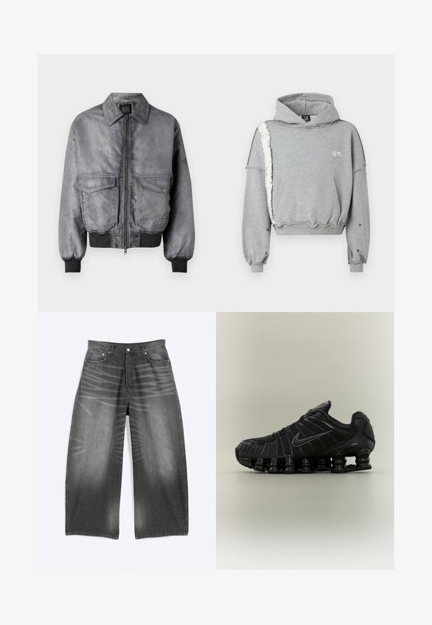 Veste bombardier grise avec une texture lisse, fermeture éclair à l'avant, deux grandes poches sur la poitrine et des poignets et un ourlet côtelés. Présente un design de col classique.; Haut de hoodie cropped gris clair en mélange de coton, avec une capuche à cordon, une poche avant et une couture latérale gauche effilochée avec des poignets côtelés.; Jean en denim noir délavé à jambes larges avec poches avant et fermeture à boutons, présenté à plat sur fond clair.; Chaussure de course noire Nike avec semelle segmentée semblable à un ressort, dessus en mesh et logo Swoosh noir assorti sur le côté.