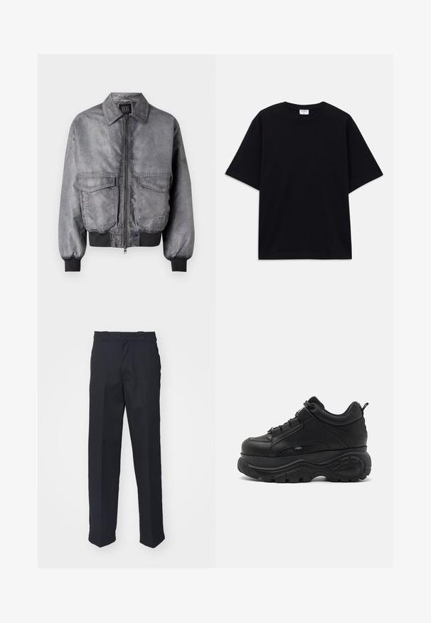Graue Bomberjacke mit glatter Textur, Reißverschluss vorne, zwei großen Brusttaschen und gerippten Bündchen und Saum. Mit klassischem Kragendesign.; Schwarzes, oversized T-Shirt mit kurzen Ärmeln und rundem Ausschnitt, mit sichtbarem Filippa K Markenlabel im Kragen.; Schwarze maßgeschneiderte Hose mit geradem Schnitt, aus glattem Stoff gefertigt, mit einem Bund mit Gürtelschlaufen und ohne sichtbare Muster oder Beschläge.; Schwarze Leder-Chucksneaker mit dicker Gummisohle, schlankem Design und strukturierten Akzenten. Verfügt über Schnürsenkel und eine Zuglasche an der Ferse.