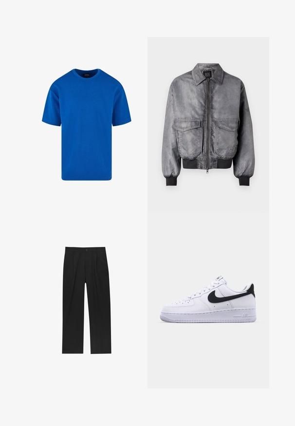 Veste bombardier grise avec une texture lisse, fermeture éclair à l'avant, deux grandes poches sur la poitrine et des poignets et un ourlet côtelés. Présente un design de col classique.; T-shirt bleu à manches courtes en coton, avec un col rond classique et une coupe décontractée. Texture lisse sans motifs ni accents visibles.; Pantalons noirs au design droit, fabriqués à partir d'un tissu lisse. Dotés de plis sur le devant et d'une fermeture à un bouton à la taille.; Sneaker en cuir blanc avec un Swoosh noir texturé, des lacets plats et une semelle en caoutchouc avec un motif strié. "AIR" est embossé sur le talon.