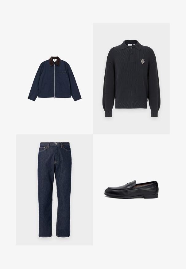 Veste bleu marine en coton avec un col en velours côtelé marron, fermeture éclair à l'avant et deux poches latérales ; possède une petite poche poitrine.; Pull en maille côtelée marine avec un col pointu, trois boutons et un logo en forme de diamant sur la poitrine. Manches longues légèrement bouffantes.; Jean en denim bleu foncé avec une coupe droite. Comprend une fermeture à bouton et à fermeture éclair, cinq poches et des détails de surpiqure contrastants.; Mocassins en cuir noir à texture lisse, bout arrondi et détail subtil de couture sur le dessus, dotés d'une semelle basse et plate.
