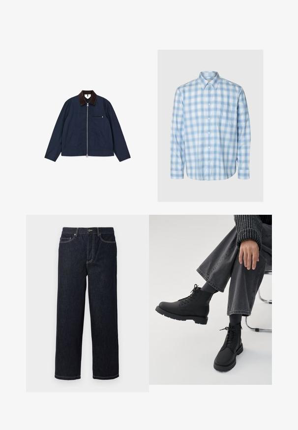 Marineblauw jack van katoen met een bruine corduroy kraag, een ritssluiting aan de voorkant en twee zijzakken; heeft een klein borstzakje.; Lichtblauw-wit geruit overhemd met lange mouwen, knopen, een borstzak en een klassieke kraag.; Donkerblauwe rechte denim jeans met vijf zakken en witte contraststiksels, knoopsluiting en riemlussen.; Persoon zit met over elkaar geslagen benen, draagt zwarte veterlaarzen, donkere sokken, grijze wijde broekspijpen en een geribde donkere trui op een witte achtergrond.