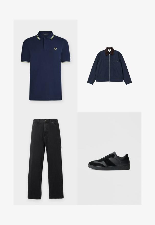 Veste bleu marine en coton avec un col en velours côtelé marron, fermeture éclair à l'avant et deux poches latérales ; possède une petite poche poitrine.; Polo bleu marine à manches courtes avec patte à deux boutons, col et poignets rayés, et petit logo laurier jaune sur la poitrine.; Jean noir droit avec poches avant, passants pour ceinture, fermeture par bouton et coutures apparentes sur un fond uni.; Baskets noires combinant cuir lisse et daim, avec une semelle en caoutchouc noire texturée et un détail de rayures discrètes.