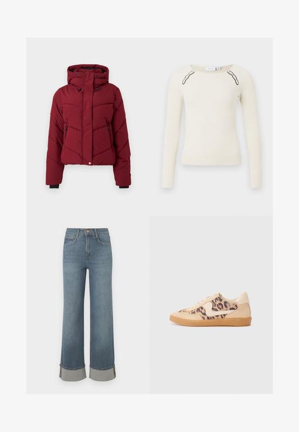 Rode pufferjack met een capuchon, voorzien van een gekleed ontwerp, voorzakken met rits en zwarte manchet. De stof heeft een gladde, matte textuur.; Geribbelde lange mouw top in off-white met een ronde hals en contrasterende zwarte accenten op de schouders. Gebreide textuur, getailleerd ontwerp.; Wijdvallende blauwe denim jeans hebben een hoge taille, opgerolde hems met grijze accenten, een vijf-pocket ontwerp en een knoopsluiting aan de voorkant.; Luipaardprint sneakers met een beige suède bovenkant, tan rubberen zool en witte accenten. Ronde neus en vetersluiting met een gestructureerde afwerking.