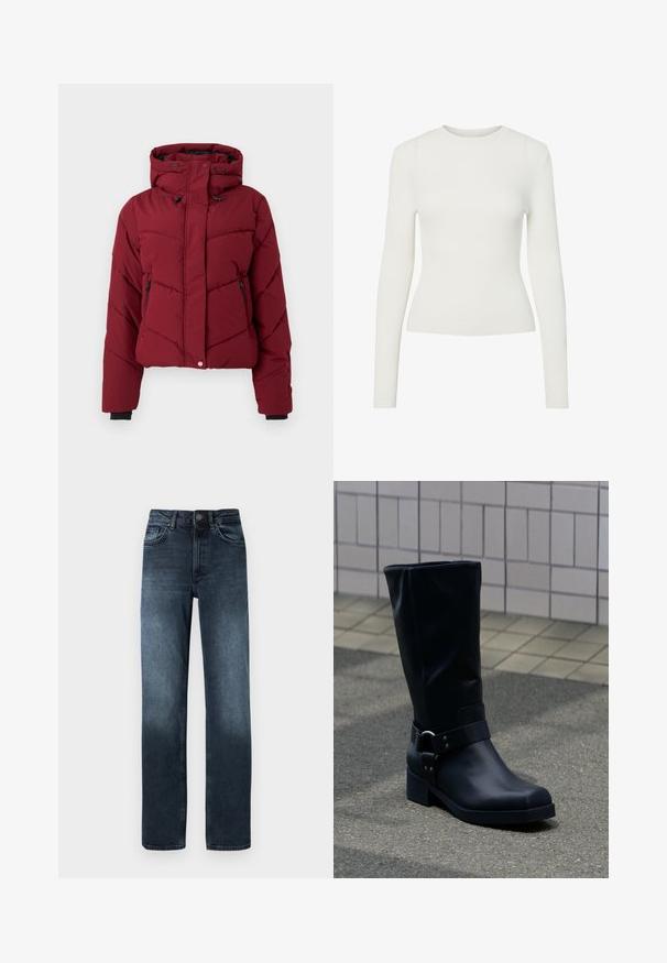 Chaqueta puffer roja con capucha, que presenta un diseño acolchado, bolsillos con cremallera en la parte delantera y puños negros. La tela tiene una textura lisa y mate.; Camiseta de manga larga blanca de canalé con cuello redondo, forma ajustada y textura suave. Diseño minimalista, sin patrones ni embellishments visibles.; Jeans de mezclilla azul oscuro con corte recto, cinco bolsillos y cierre frontal de botón. Presenta detalle de desgastado cerca del dobladillo.; Bota negra de cuero hasta la mitad de la pantorrilla con un tacón bajo de bloque y una correa decorativa con hebilla metálica alrededor del tobillo, sobre un pavimento de baldosas.