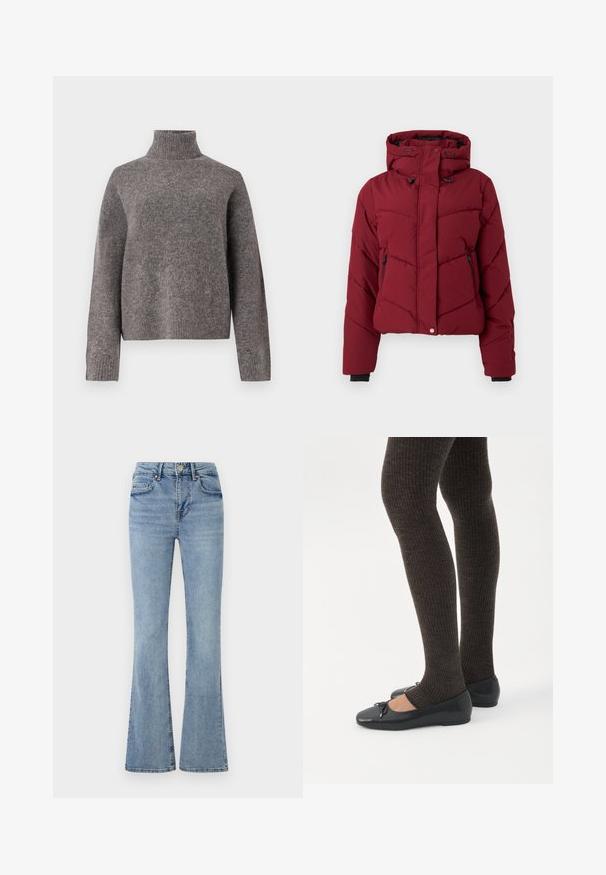 Chaqueta puffer roja con capucha, que presenta un diseño acolchado, bolsillos con cremallera en la parte delantera y puños negros. La tela tiene una textura lisa y mate.; Jersey de cuello alto gris, hecho de un material de punto suave, con mangas largas y un ajuste holgado, con textura acanalada en los puños y en el dobladillo.; Jeans de mezclilla azul claro con cintura alta, con botón y cremallera en la parte frontal, cinco bolsillos y piernas ligeramente acampanadas.; Piernas con leggings oscuros acanalados combinados con bailarinas negras que presentan pequeños detalles de lazo sobre un fondo blanco.