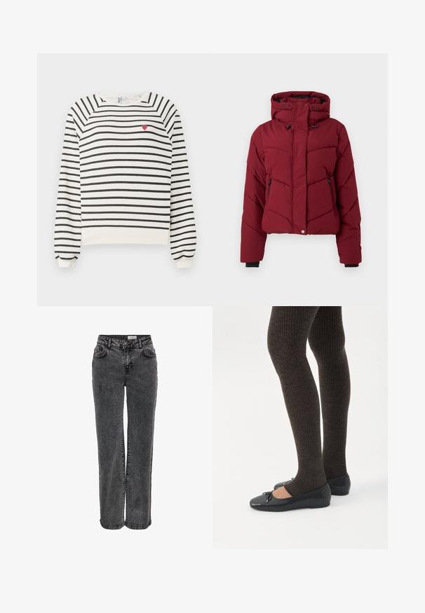 Doudoune rouge avec capuche, présentant un design matelassé, des poches zippées à l'avant et des poignets noirs. Le tissu a une texture lisse et mate.; Sweatshirt rayé en blanc cassé et noir avec des manches raglan, un col rond et une petite broderie en forme de cœur rouge sur la poitrine. Tissu doux.; Jeans en denim noir au design droit, avec poches avant, passants de ceinture et une texture légèrement délavée.; Jambes portant des leggings côtelés foncés associés à des ballerines noires avec de petits détails en nœud sur fond blanc.