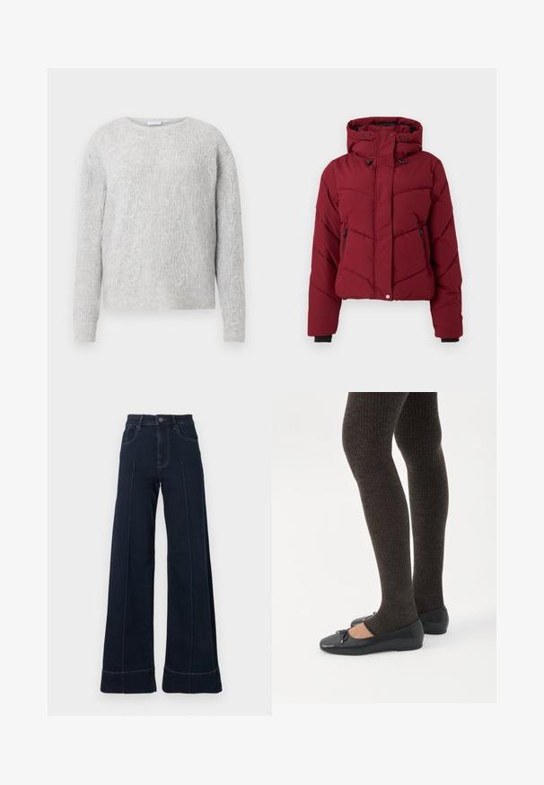 Chaqueta puffer roja con capucha, que presenta un diseño acolchado, bolsillos con cremallera en la parte delantera y puños negros. La tela tiene una textura lisa y mate.; Suéter gris claro con patrón de punto trenzado, escote redondo y mangas largas. Hecho de un material suave y texturizado.; Jeans de pernera ancha y de color azul oscuro con cintura alta, que cuentan con bolsillos frontales y costuras visibles. Fabricados en tejido de mezclilla con una textura suave.; Piernas con leggings oscuros acanalados combinados con bailarinas negras que presentan pequeños detalles de lazo sobre un fondo blanco.