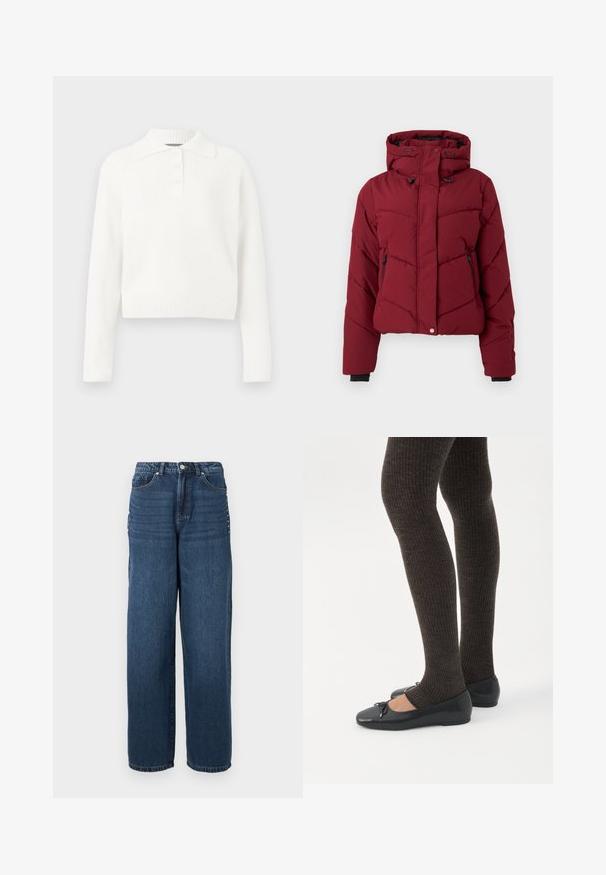 Doudoune rouge avec capuche, présentant un design matelassé, des poches zippées à l'avant et des poignets noirs. Le tissu a une texture lisse et mate.; Pull en maille côtelée blanc à manches longues avec col et patte de boutonnage à trois boutons, présentant un design court et une texture douce.; Jean en denim bleu foncé avec une coupe ample, un design à cinq poches et une fermeture à bouton avec des accents en métal le long des coutures latérales.; Jambes portant des leggings côtelés foncés associés à des ballerines noires avec de petits détails en nœud sur fond blanc.