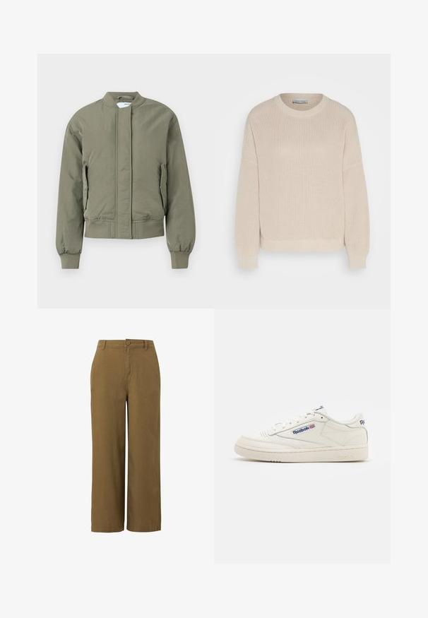 Olivgrüne Bomberjacke mit einem Frontreißverschluss, gerippten Bündchen und Saum. Verfügt über seitliche Taschen und eine glatte, matte Textur.; Anna Field by Zalando Strickpullover - grey; Braune weitbeinige Hosen aus einem strukturierten Baumwollgemisch, mit einer vorderen Knopfschließe und einem Standard-Taillendesign.; Weiße Leder-Sneaker mit einer strukturierten Gummi-Sohle, runder Zehenpartie und blauer Reebok-Markierung. Minimalistisches Design mit genähten Akzenten.