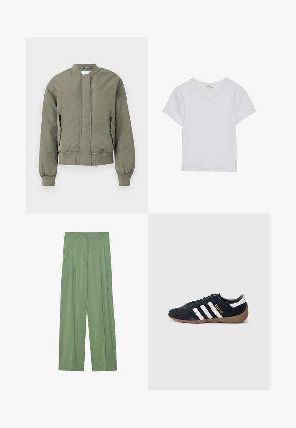 Oliven grøn bomberjakke med frontlynlås, ribbede manchetter og talje. Har sidelommer og en glat, mat tekstur.; Hvid kortærmet V-hals t-shirt lavet af ribbet stof. Har et rent design med en lige kant og minimal detaljer.; Grønne brede bukser lavet af glat stof. Har folder foran, en enkelt knaplukning og bæltestropper.; Sort ruskindssneaker med tre hvide striber, gummisål og et lille gyldent logo på siden. Har en glat sort foring indvendigt.