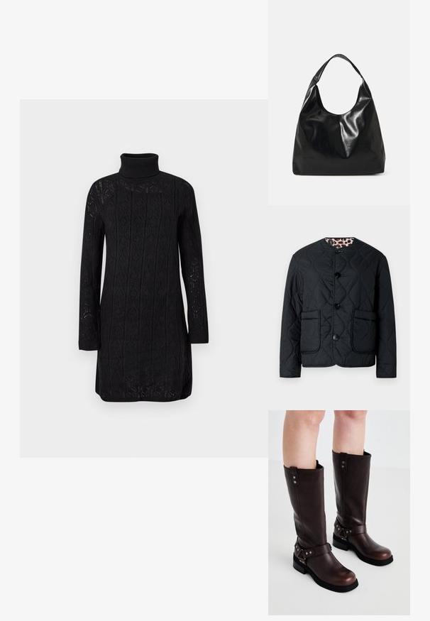 Veste matelassée noire avec un col rond, dotée de deux poches avant et de trois boutons. Intérieur doublé d'un motif imprimé léopard.; Robe noire en tricot à manches longues avec col roulé, texture à motif et poignets côtelés, présentée sur un fond clair uni.; Bottines en cuir marron jusqu'aux genoux avec une texture lisse, dotées d'une large sangle et d'accents en métal triangulaires, semelles en caoutchouc plates.; Sac hobo en cuir noir avec une texture douce et brillante et un haut ouvert arrondi. Dispose d'une large sangle courbée pour le transport. Pas de matériel visible.