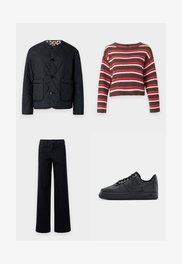 Sort quiltet jakke med rund halsudskæring, der har to forlommer og tre knapper. Indvendigt foret med leopardmønstret stof.; Brun strikket langærmet sweater med vandrette røde, pink og hvide striber og rund halsudskæring.; Bredde ben sorte denim jeans med høj talje, der har standardlommer og knaplukning. Glat tekstur med en let stræk.; Sorte lædersneakers med perforeret tåboks, flade snørebånd og gummisål. Har et lille logo på siden og tekstureret detaljering.