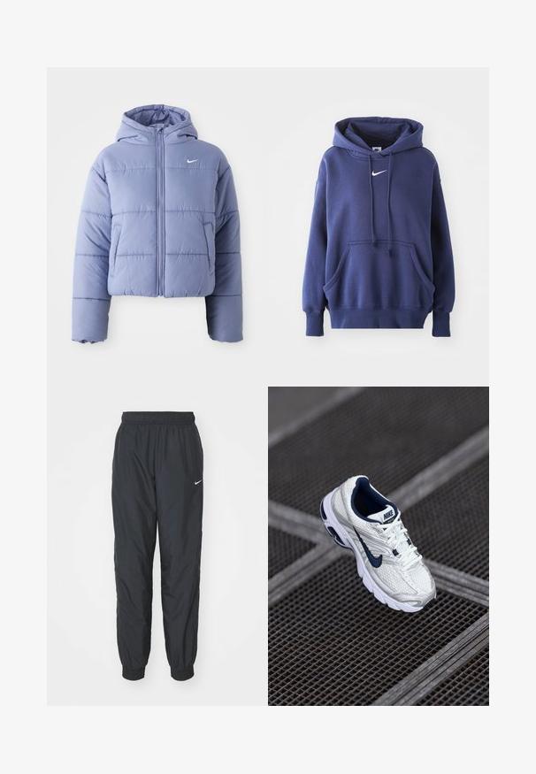 Gekürzte Steppjacke in hellem Lavendel, ausgestattet mit einer Kapuze, Frontreißverschluss und horizontalen Nähten. Linke Seitentasche und Nike-Logo-Akzent.; Dunkelblauer Kapuzenpullover aus weichem Baumwollmix, mit einer Fronttasche, Kordelzugkapuze und weißem Nike-Logo auf der Brust.; Schwarze Nike Jogginghosen aus leichtem Material, mit elastischem Bund und Bündchen, versehen mit einem kleinen weißen Logo am linken Bein.; Nike-Laufschuh in Weiß und Marineblau, mit Obermaterial aus strukturiertem Mesh, gepolsterter Sohle und unverwechselbarem Logo an der Seite.