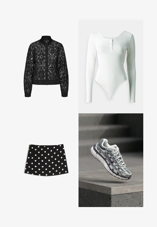 Veste bomber en dentelle noire avec un motif floral texturé, col rond, fermeture à boutons et poignets et ourlet élastiques.; Bodysuit blanc à manches longues en tissu extensible, avec un décolleté arrondi et une patte de boutonnage à trois boutons à l'avant.; Jupe mini noire avec de grands pois blancs espacés uniformément, coupe droite, sans attaches visibles ni ornements.; Baskets Nike blanches et grises avec des accents violets, flottant au-dessus d'un rebord en béton avec des escaliers flous en arrière-plan.