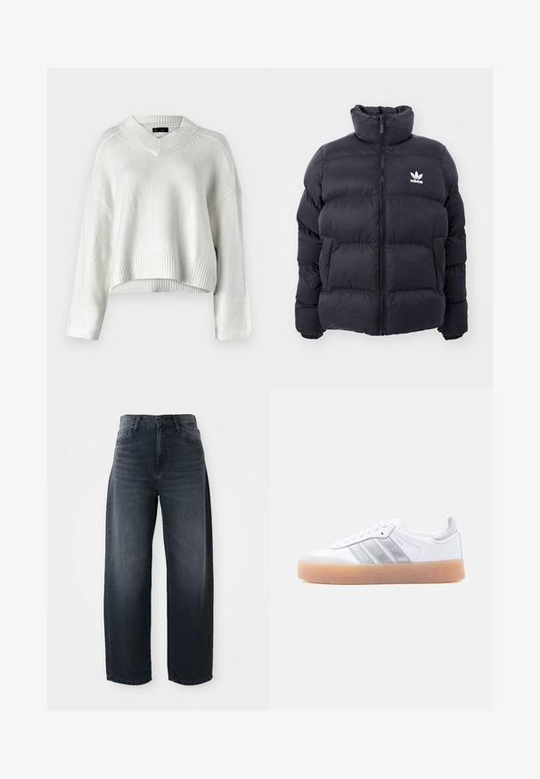 Chaqueta acolchada de color marino con cuello alto, cierre de cremallera y logo blanco de Adidas en el pecho. Presenta paneles cosidos y una textura suave y brillante.; Suéter corto blanco con escote en V, dobladillo acanalado y mangas largas. Fabricado con un material de punto suave y texturizado. Diseño simple y versátil.; Jeans de pierna ancha en denim de lavado oscuro, con una cintura alta, cierre clásico de botón y cremallera, y un ligero desvanecimiento en el frente.; Zapatilla blanca de perfil bajo con suela de goma, acentos laterales plateados a rayas y cierre de cordones, mostrada sobre un fondo claro y liso.
