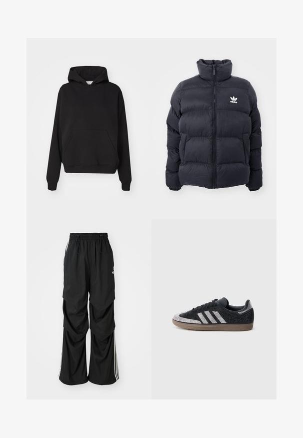 Chaqueta acolchada de color marino con cuello alto, cierre de cremallera y logo blanco de Adidas en el pecho. Presenta paneles cosidos y una textura suave y brillante.; Gina Tricot ICONIC HOODIE - Jersey con capucha - black; Pantalones negros holgados con cintura elástica, cordón y rayas laterales blancas; fabricados en un tejido ligero con una textura suave.; Zapatilla negra con detalles plateados brillantes y tres rayas blancas. Cuenta con un diseño de corte bajo, parte superior texturizada y suela de goma marrón.