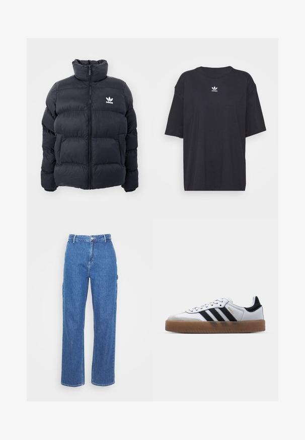 Marinblå puffjakke med høj krave, lynlås lukning og hvid Adidas-logo på brystet. Har syede paneler og en glat, blank overflade.; Sort bomulds t-shirt med korte ærmer, rund halsudskæring, med et hvidt Adidas-logo på brystet. Enkel design, afslappet pasform.; Blå denim bukser med høj talje og lige ben, der har en frontknaplukning og sidelommer. Glat tekstur uden synlige mønstre.; Hvide lædersneakers med sorte striber, gummirubber sål, rund tå, snørelukning og blød grå ruskinds tåhætte.